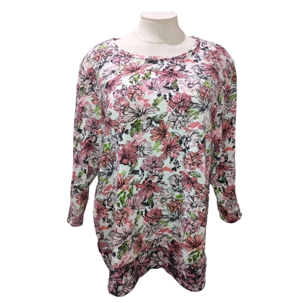 J.Jill Pink, Coral & Black Floral 3/4 Sleeve Curved Hem Top Size XL
